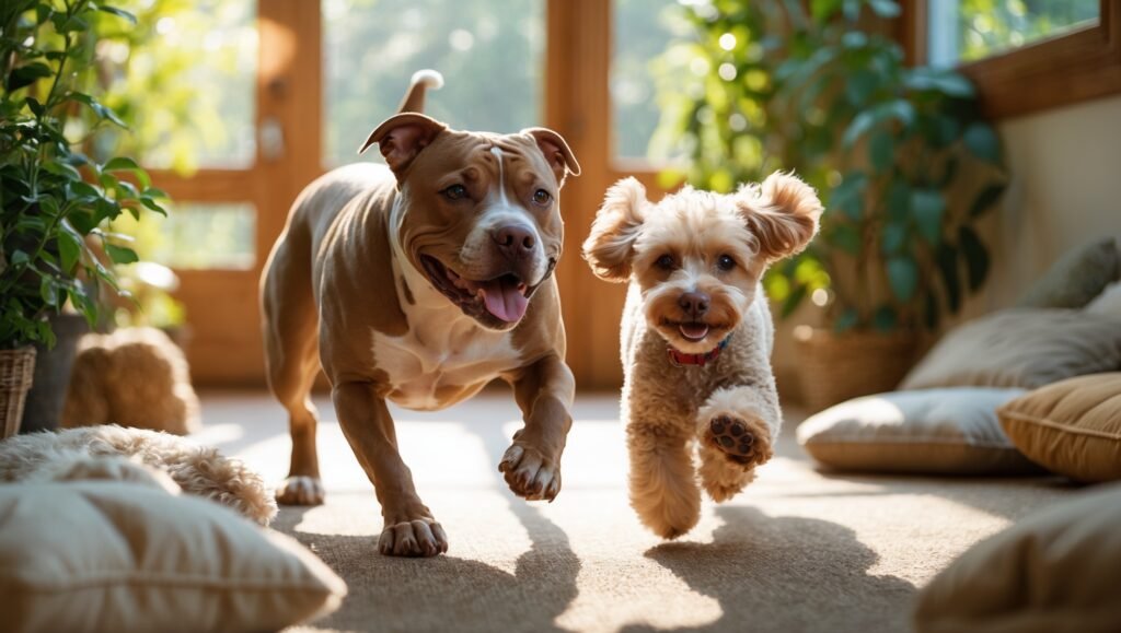 two dogs running on carpet