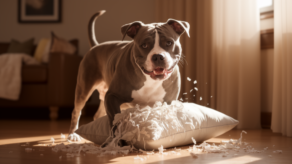 a dog standing on a pillow