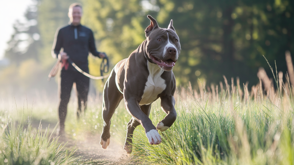 a dog running on a leash